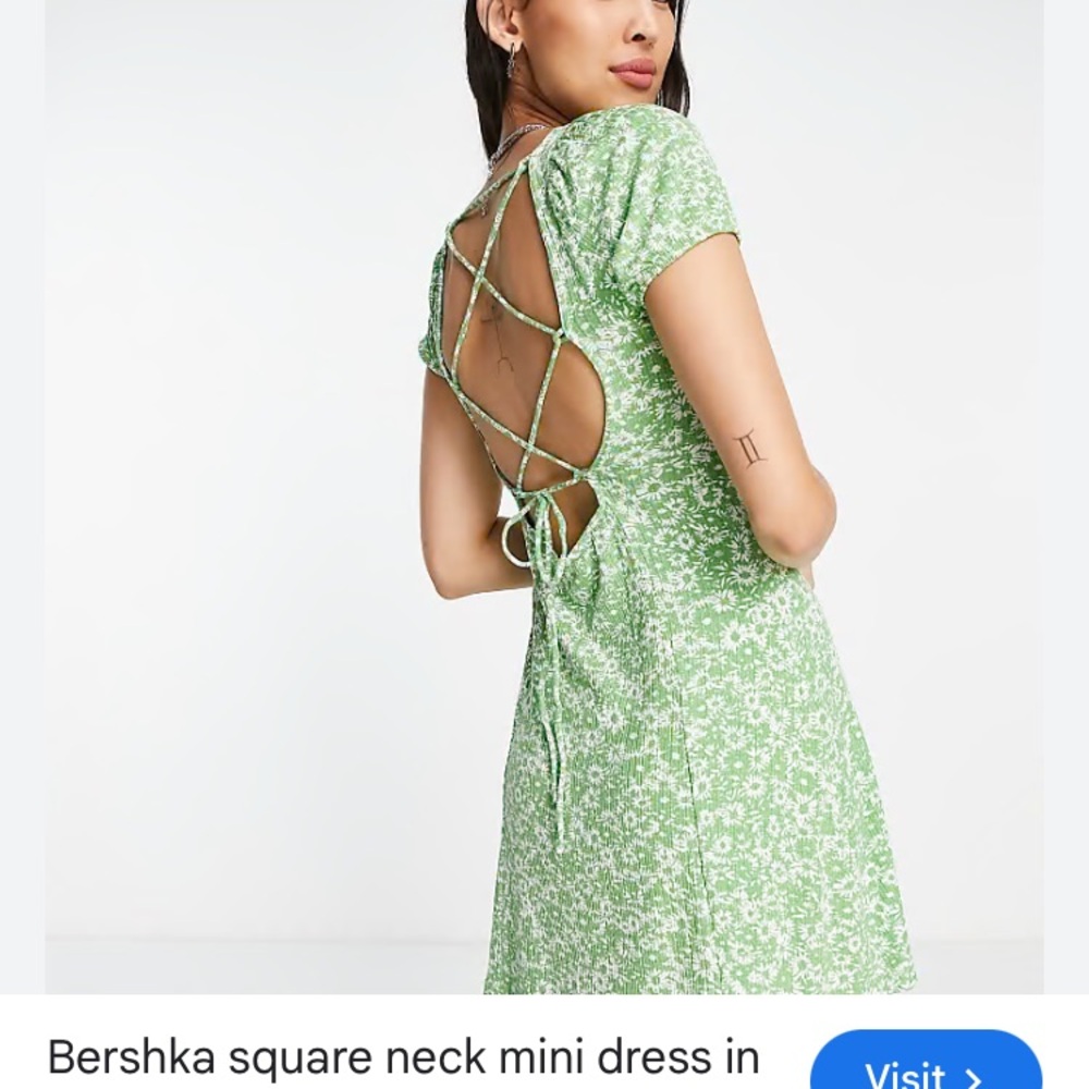 Bershka ASOS square neck soft knit dress green floral xs EUC